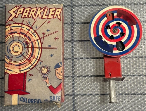 J. Chein & Co. Tin Mechanical Sparkler Spinner Litho July 4th Toy 1950’s Vintage