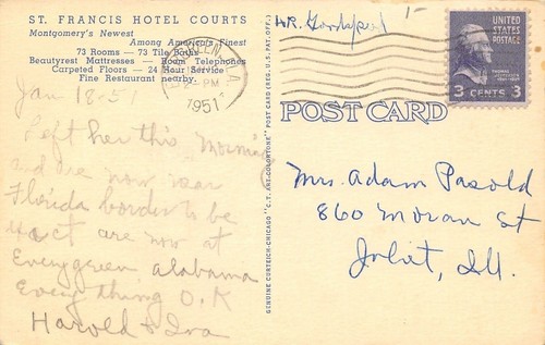 Montgomery Alabama ~ St Francis Hotel Courts ~ Roadside Motel ~ 1951 Leinen Postkarte - Bild 2 von 2