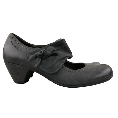 Tamaris Women's Size EU 38 (US 7) Grey Leather Mary Jane Bow Detail Pumps *READ*