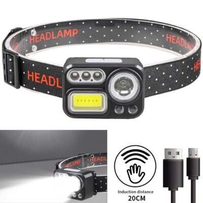 COB Stirnlampe+LED Kopflampe USB Wiederaufladbar Bewegungssensor Wasserdicht DHL