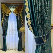 Splendida tenda in velluto soggiorno blu pavone panno tulle valance drappeggio C2062