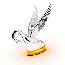 Chrome Classic Swan Hood Ornament w/ Amber LED / Amber Lens Glow Base