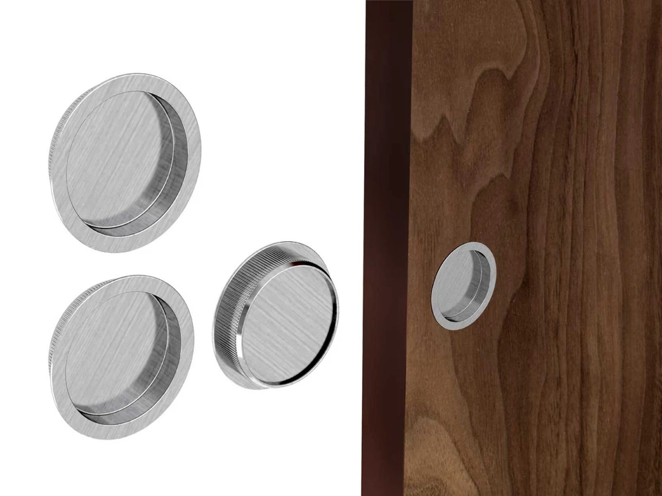 Flush Recessed Handle for Sliding Door Set of 2 Chrome Satin Nickel Brass Round - Image 2 of 4