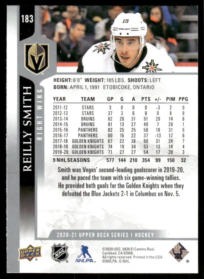2020-21 Upper Deck #183 Reilly Smith - Image 2 of 2