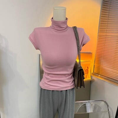 Women Fit Turtleneck Top Tee Short Sleeve Undershirt Slim Bottoming Blouse Thin