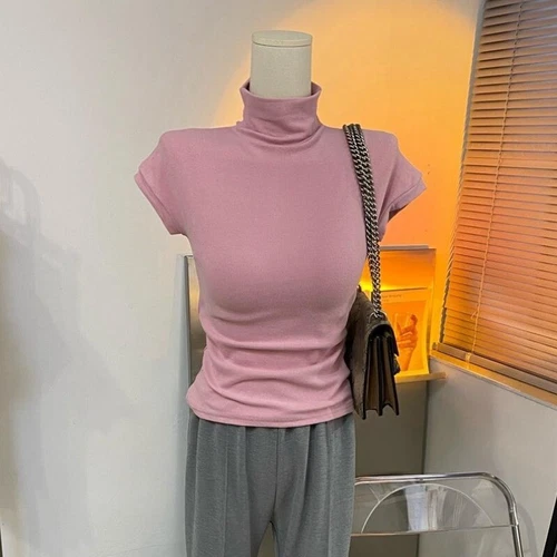 Mujeres Top Mangas Cortas Camiseta Cuello de Tortuga Calce Ajustado Blusa Parte Inferior - Imagen 9 de 25