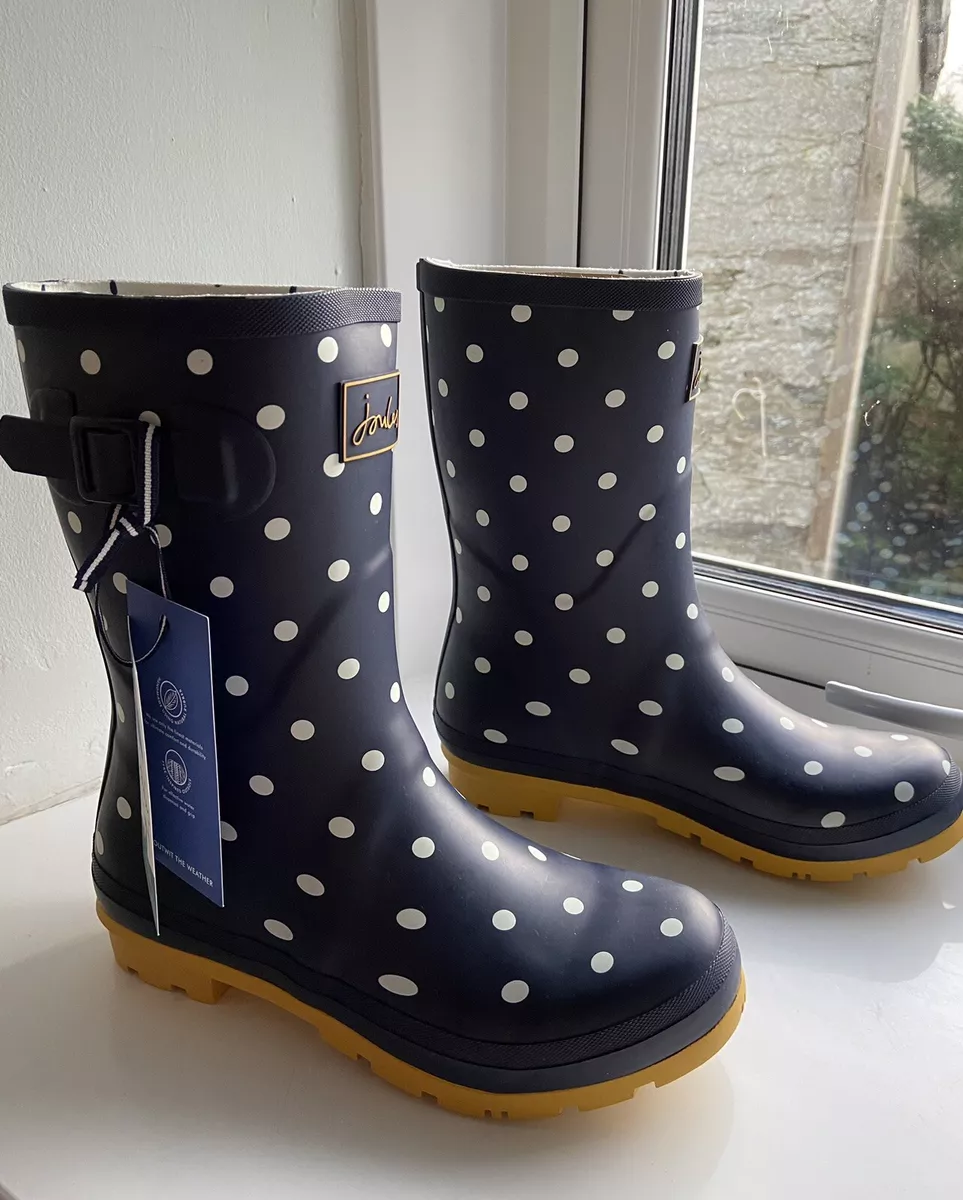 Joules Womens Molly Mid Height Printed Wellies Size 7 Navy White Spot