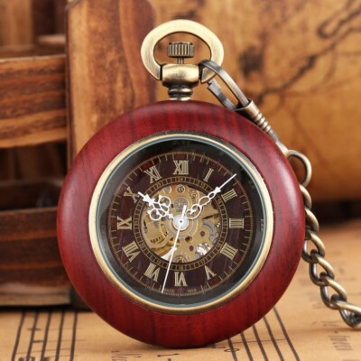 Luxus Holz Automatik Mechanische Taschenuhr Skelett Römische Zahlenanzeige