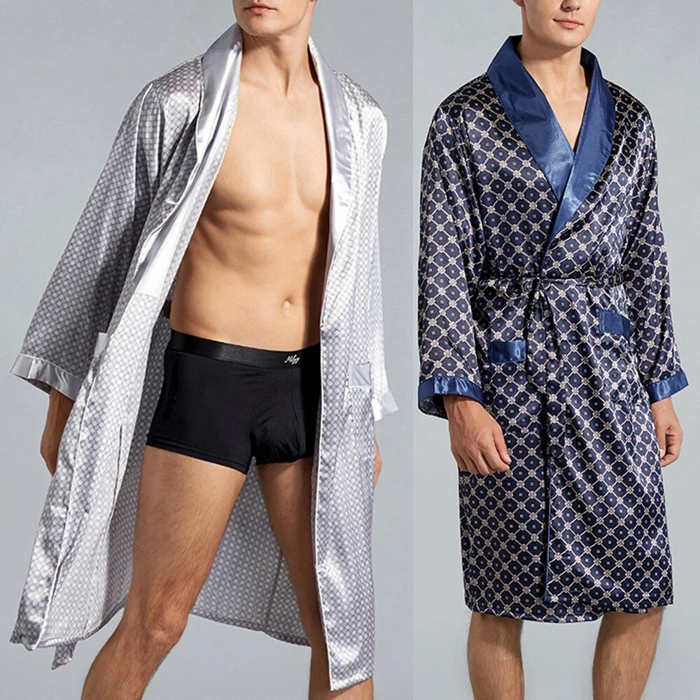 Mens Satin Soft Silk Luxury Pajama Kimono Bathrobe Robe Dressing Gown  Sleepwear