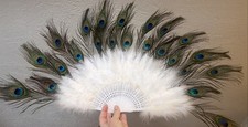 27X16  Peacock eye  White Marabou Feather Hand Held Fan Wedding Dance Costume