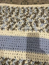 Hand Crocheted Throw Blanket Baby Blanket Blue Tan White good condition Soft
