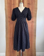 Black Cotton Poplin Eyelet Button Front Puff Sleeve Midi Dress XS by A New Day
