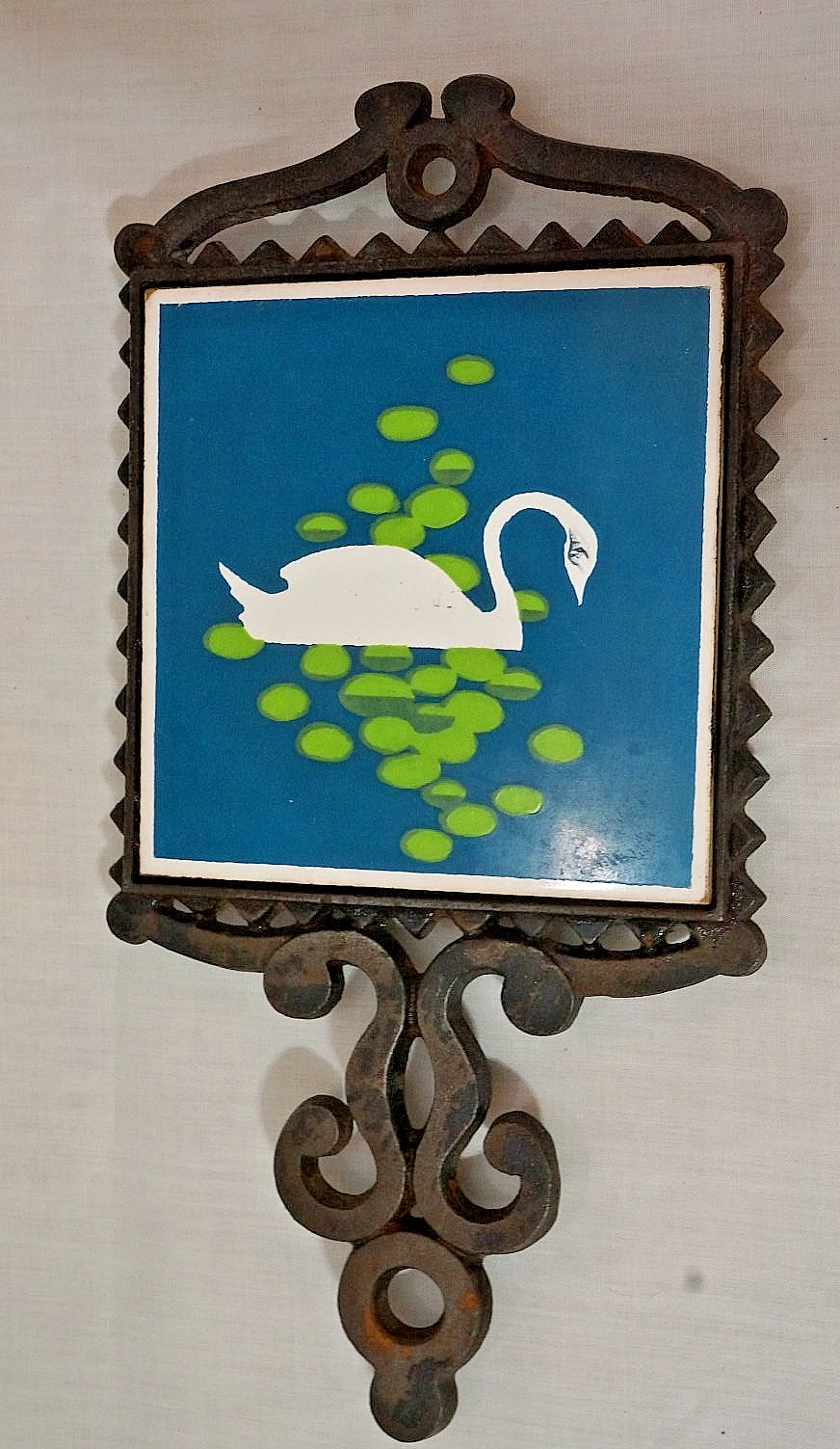 Vtg MCM Japanese Cast Iron Tile Trivet Swan Duckweed Yamaju Rosier Hot Plate 9.5 image 1