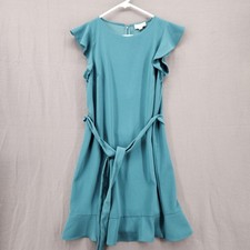 Loft Outlet Womens Teal Blue Ruffle Hem Flutter Sleeve Tie Waist Shift Dress 10