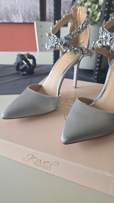 Badgley Mischka Silver Silk Rhinestone Pointed Toe Ankle Strap Stiletto 8.5 NIB