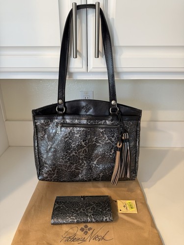 Patricia Nash Rose Zancona Leather Shoulder Tote Black with Matching Wallet New