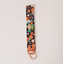Black Floral Wristlet Keychain - 100 Cotton Fabric Short Lanyard Wrist Lanyard