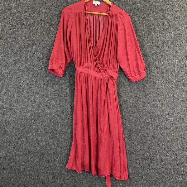 Witchery Dress Womens 8 Red Wrap Pleated Satin Puff Sleeve Knee Length Belted