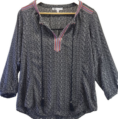 DR2 Daniel Rainn Tunic Top Tassel Tie Medium Black Zig Zag Long Sleeve Boho
