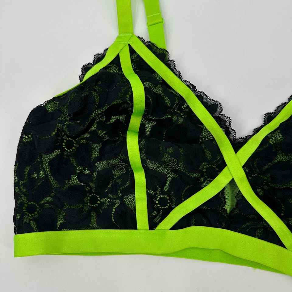 Sujetador Bralette Torrid Negro Neón Verde Encaje Tirantes Talla 2 Foto 3 de 4