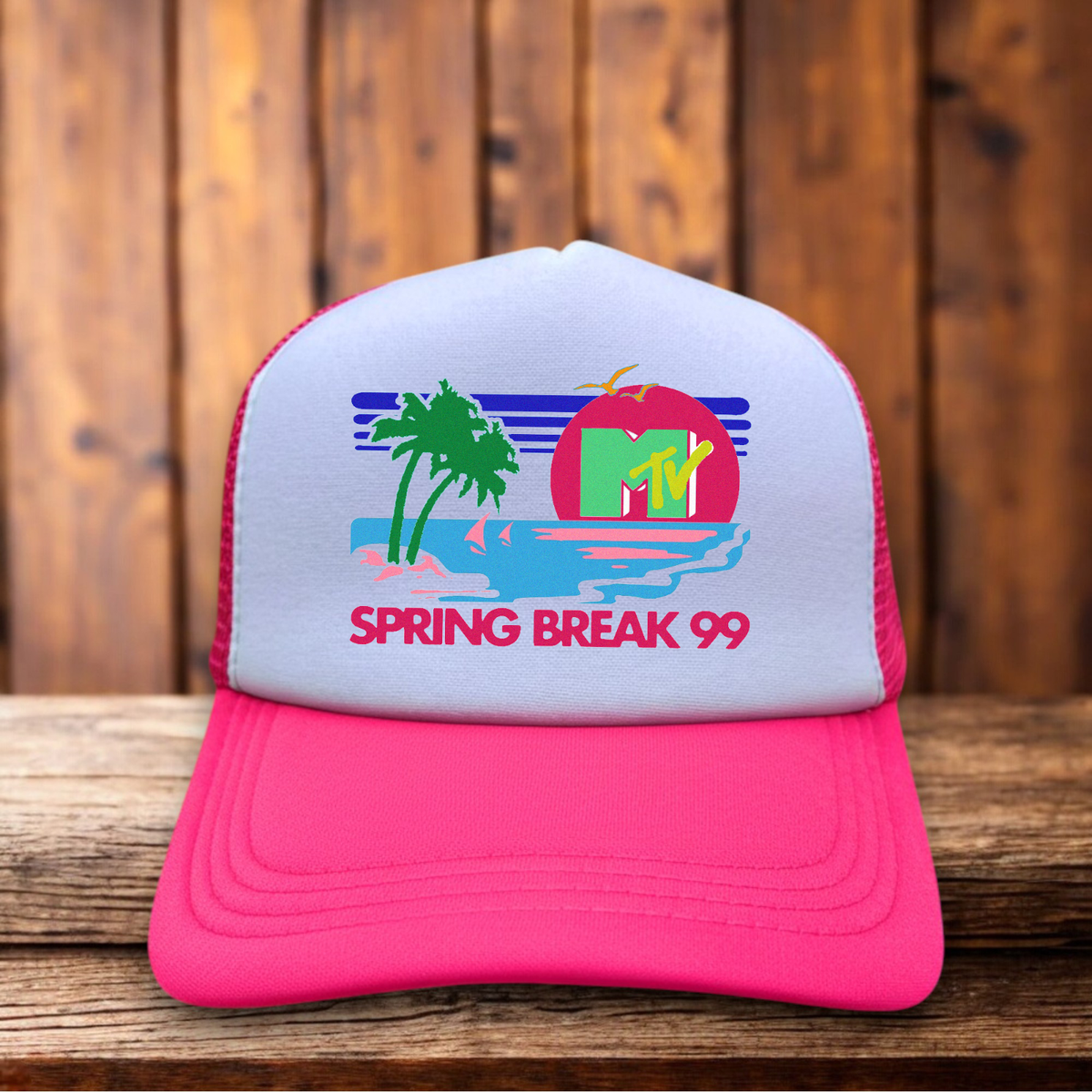 MTV Spring Break 1999 Mens Trucker Hat Pink Snapback Retro Logo
