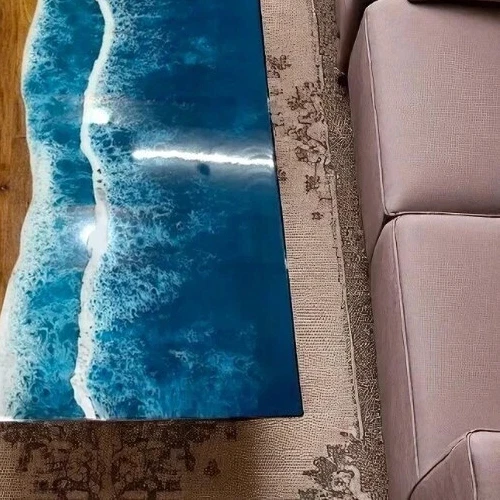Blue Wave Epoxy Resin Dining Table Acacia Wooden Live Edge Kitchen Decor - Image 2 of 4
