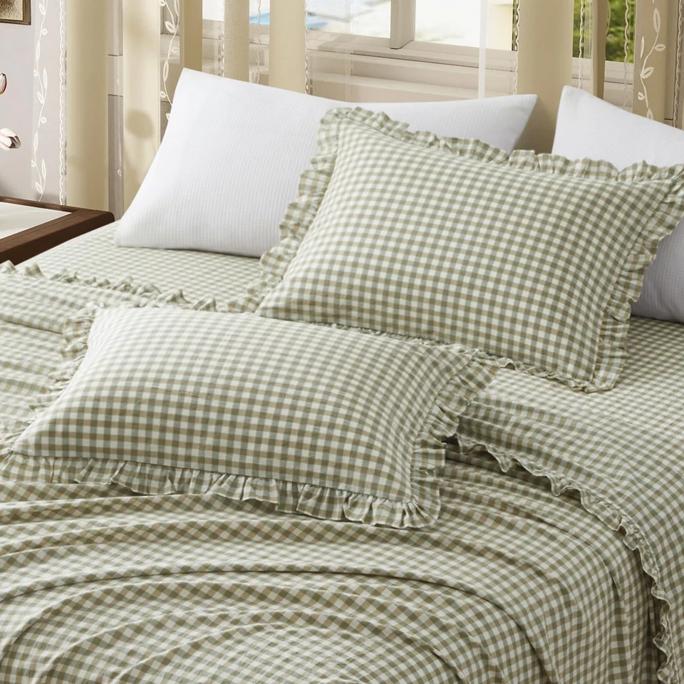 Funda de Almohada 2 Piezas con Volantes a Cuadros Tamaño Estándar, Algodón Guinga Volantes Euro Sha... Foto 4 de 4