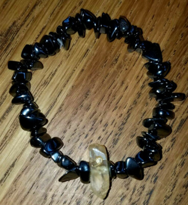 Super Charged Obsidian Chip Bead Stretchy Bracelet, CITRINE Crystal Point Reiki!
