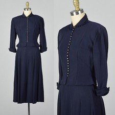 XXS 1950s Navy Blue Faille Skirt Set Rhinestone Buttons VTG Jacket Separates