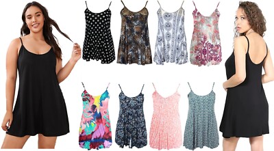 Damen-Minikleid fließend Träger sexy niedriger U-Ausschnitt Swing Cami lange Linie Oberteil