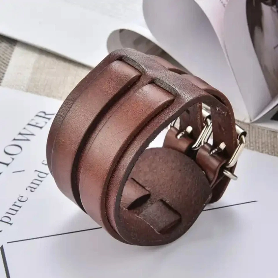 Zense - Bracelet de force marron en cuir pour homme avec double lanière ZB0345 - Photo 3/4