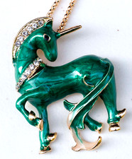 Swirled Green Enamel Unicorn Pendant Gold tone 25" Necklace.  NWOT