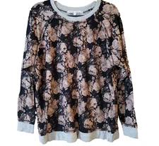 Taylor & Sage Womens Stretch Knit Top Size M Black Beige Floral Raglan Sleeve