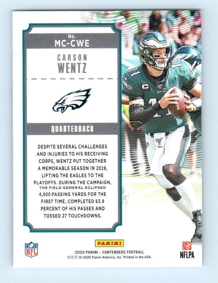 2020 Panini Contenders MVP Carson Wentz Philadelphia Eagles #MC-CWE - Image 2 of 2