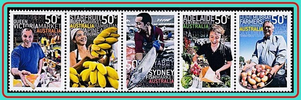 AUSTRALIA 2007 MERCADOS tira MNH COMIDA, PLÁTANOS, PESCADO, QUESO