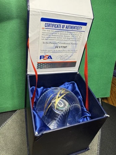 Ronald Acuna Jr Signed  Crystal Paper Weight Baseball (USED READ) PSA COA