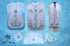Roman Chasuble Fiddleback Vestment and Mass  set, AM embroidery- METALLIC SILVER