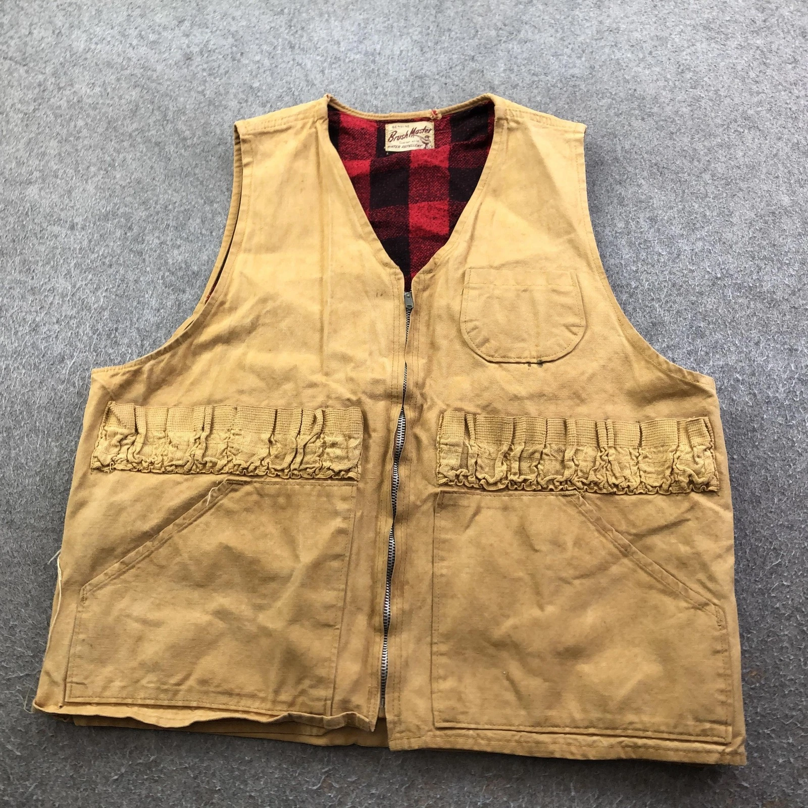 Vintage Brush Master Vest Mens XL Brown Canvas Game Bag Full Zip Hunting