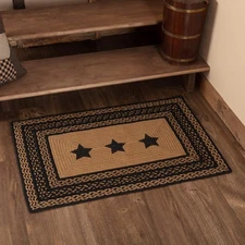 Farmhouse Primitive Jute Black Accent Rug Rectangle Stencil Stars w/Floor Pad...