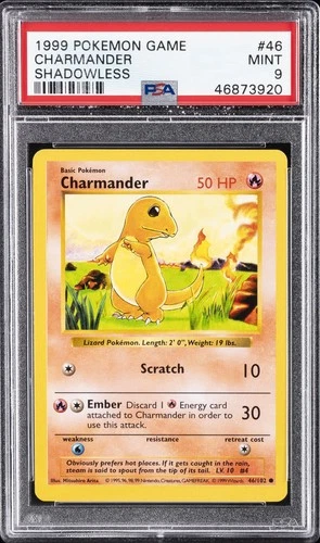 1999 POKEMON GAME SHADOWLESS #46 CHARMANDER PSA 9