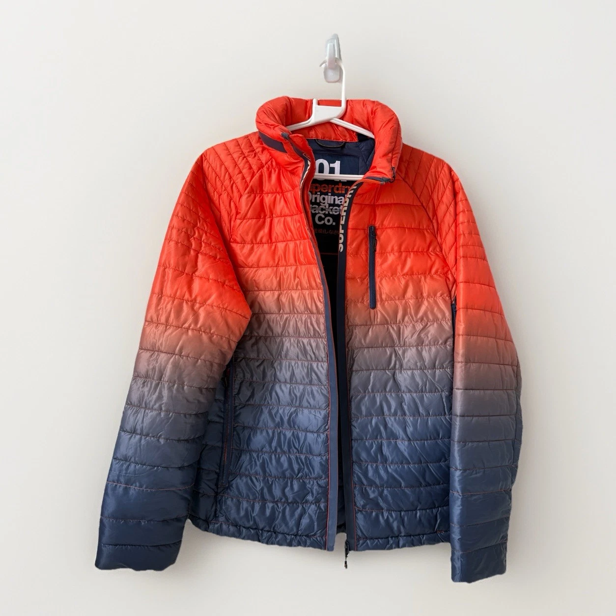 Superdry Quilted Puffer Jacket Orange Blue Ombre Size L Mens Coat Packable Hood