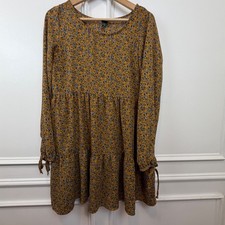 Wild Fable Mustard Yellow Floral Tiered Babydoll Dress Long Sleeve Womens Size M