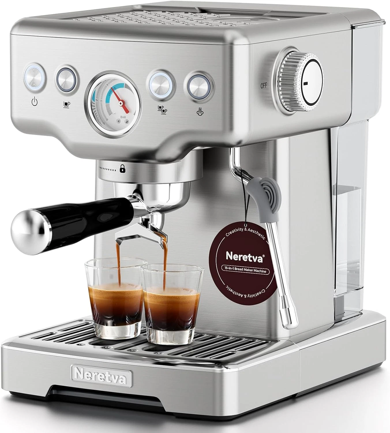 15 Bar Silver Espresso Machine with Pressure Gauge & Milk Frother