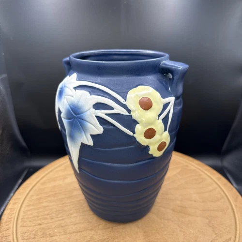 Roseville Pottery 7” Dark Blue Luffa Flower Vase Reproduction