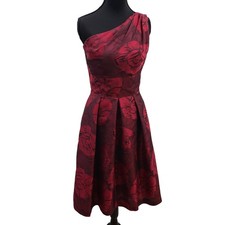 Alfred Sung Red Floral One Shoulder Damask Cocktail Dress Size 6 A Line Party