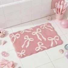 Pink Bow Scalloped Bath Mat 16x24 Inch Tufted Absorbent Non Slip Bathroom Rug