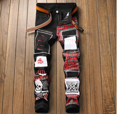 Men s Red Plaid Patchwork Ripped Biker Jeans   Punk Hip-Hop Skull Graphic Denim,