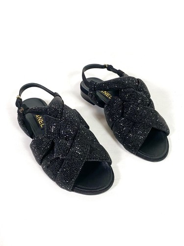 Chanel Braided Knot Rhinestone Slingback Sandals Black EU 38