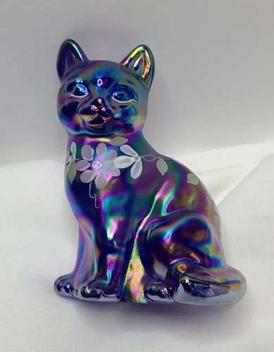 Fenton Art Glass B Fluharty Iridescent Cobalt Carnival Glass Cat Figurine