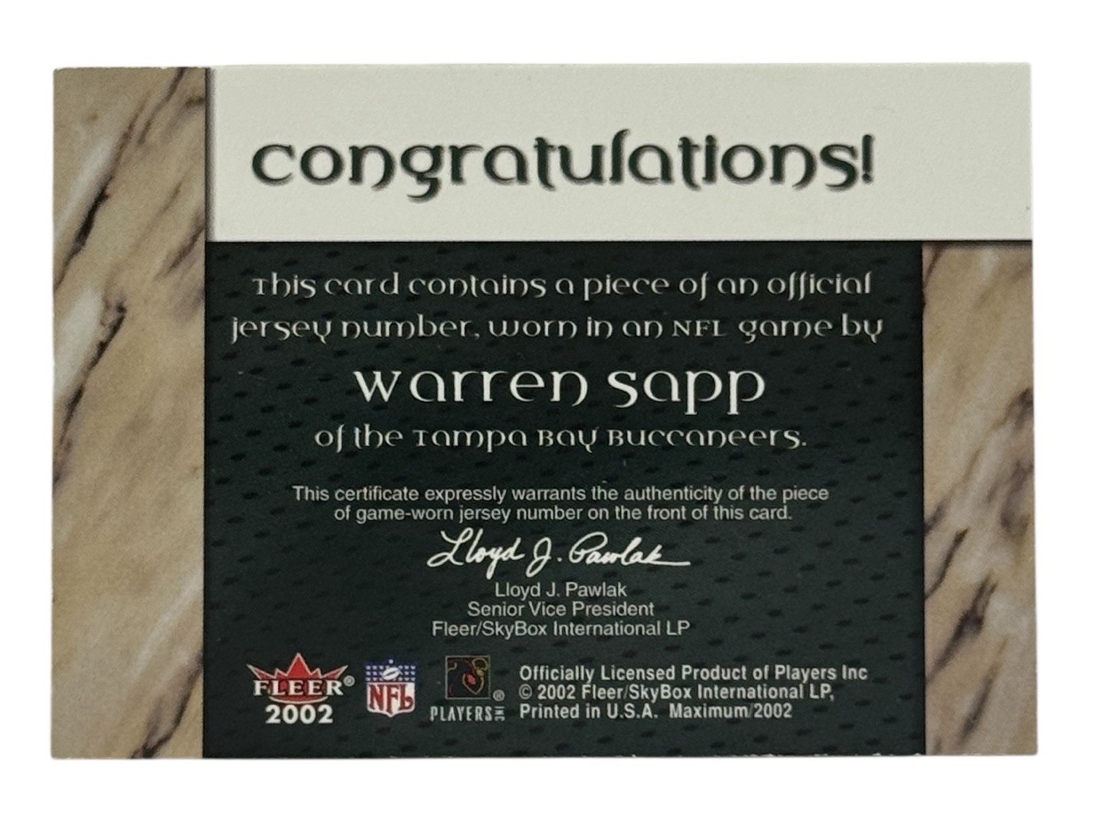 2002 Fleer Maximum Dressed to Thrill Warren Sapp 3 Color Game Used Jersey Card view 3